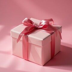 Obraz premium Pink gift box with satin ribbon on soft pink background.
