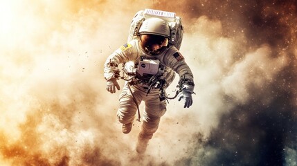 Astronaut floats in outer space through cosmic dust and stars.