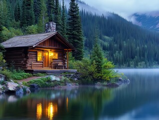 Obraz premium Secluded Lakeside Cabin Retreat in the Serene Wilderness at Dusk