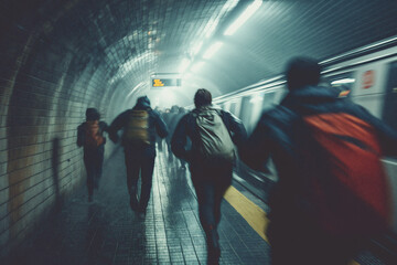 Hurry towards the subway exit in the bustling underground station at dawn. Generative AI