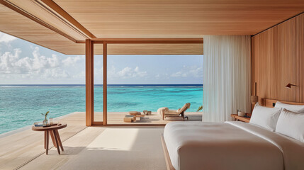 Fototapeta premium A serene bedroom with stunning ocean view, featuring large bed, wooden accents, and cozy lounge chair. tranquil atmosphere invites relaxation and peace