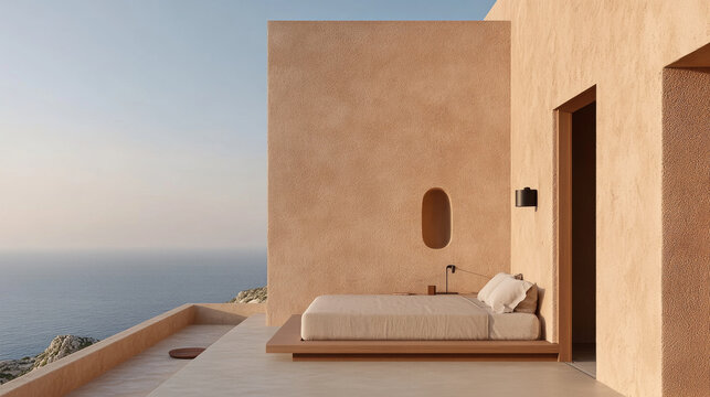 A serene outdoor bedroom with minimalist design, featuring bed on terrace overlooking ocean. warm, earthy tones of walls create calming atmosphere, perfect for relaxation