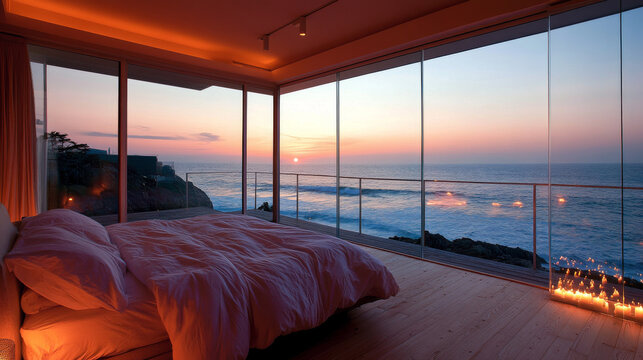 A serene bedroom with stunning ocean view at sunset, featuring large glass windows that frame vibrant colors of sky and waves. warm ambiance is enhanced by soft lighting and cozy bed