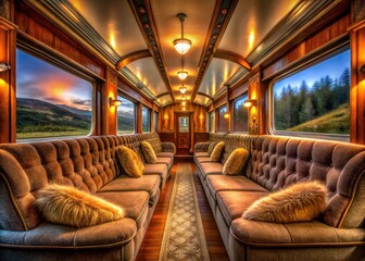 AI-rendered Polar Express panoramic; cozy coupe interior with twin sofas.