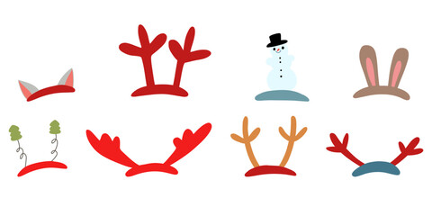 Christmas deer antlers and ears headband cartoon sticker illustration. New Year headband set. Mask for photo stock illustration isolated on white background.