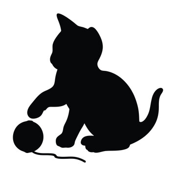 Kitten with a yarn ball black silhouette illustration