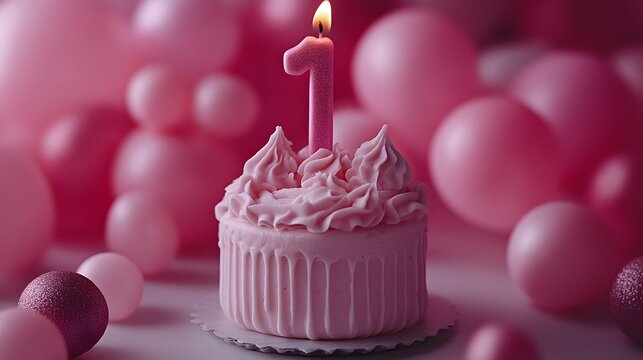 Pink first birthday cupcake with candle.
