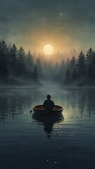 A whimsical illustration of a person in a small boat, drifting peacefully through a foggy lake, the mist surrounding them symbolizing confusion and uncertainty, with a faint glow of light ahead guidin