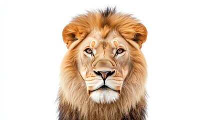 A realistic depiction of a lion's face with a majestic mane on a white background.