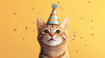 Celebratory cat with party hat bright background fun portrait