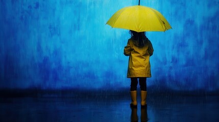 Shadow silhouette of Kid in raincoat and yellow rubber boots,smiling while standing under yellow umbrella on color background,rainy day,rain season,space for text.