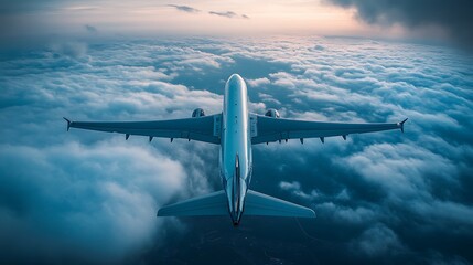Fototapeta premium Airplane flying above clouds at sunset. Concept of travel, journey, and freedom.