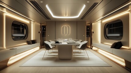 Modern conference room with sleek design and ambient lighting for business meetings.