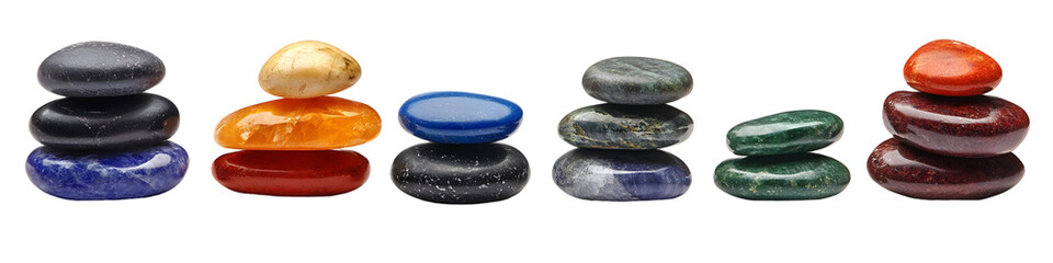 Stack of colorful stones isolated on white background, zen stones collection, relaxing spa rocks, smooth pebbles, tranquil scene, nature elements, wellness imagery, spiritual symbo