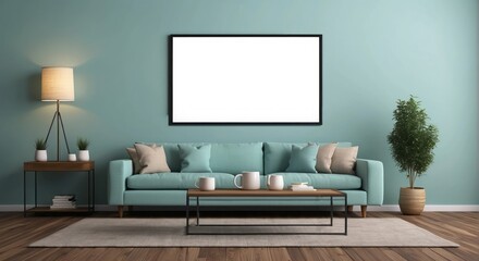 Modern Teal Living Room Design with Blank Frame