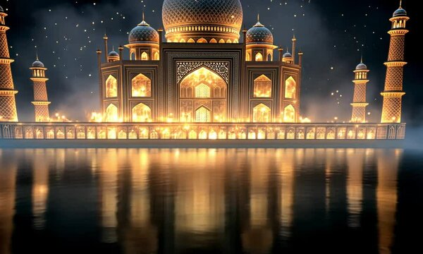 Golden Taj Mahal Majesty Illuminated at Night with Reflections