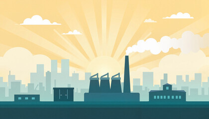 Factory skyline with rising sun and smoke.