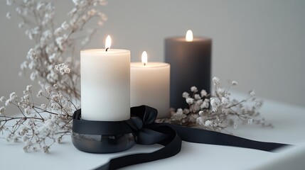 A photo of white and black candles with glass candle holders, on a table against a white background, with a black ribbon around them