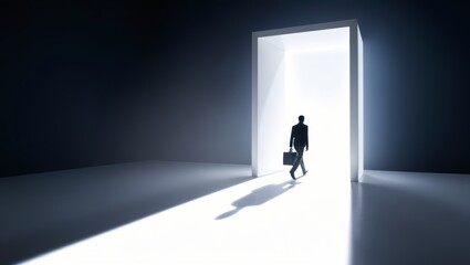 Rear view of businessman entering opened door in black wall