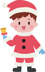 A boy wearing Santa costume smiling and holding a bell. Christmas. Cute. Vector Illustration