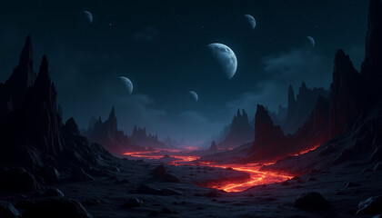 Dark fantasy landscape with volcanic terrain, glowing lava rivers, jagged mountain peaks, twin moons in night sky, starry background, apocalyptic atmosphere, red and blue color contrast, alien world.
