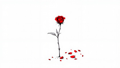 Red rose with scattered petals on white background.