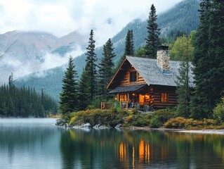 Fototapeta premium Cozy Lakeside Cabin Retreat in the Serene Mountain Wilderness