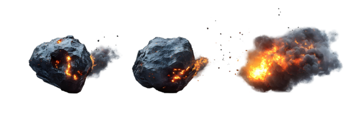 Fiery Rocks Exploding, Debris Flying, Isolated on White Background