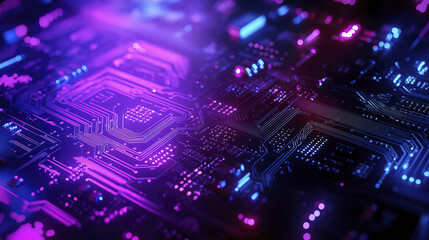 Fototapeta premium Vibrant blue and purple technology circuit board background with glowing lights