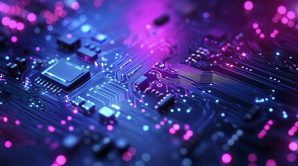 Obraz premium High tech circuit board with blue and purple glowing lights, showcasing technology