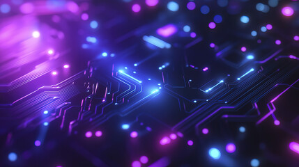 Vibrant blue and purple technology circuit board background with glowing lights