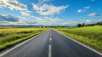 Fototapeta premium Empty Road Through Green Fields Under a Blue Sky. Concept of freedom, travel, and adventure.