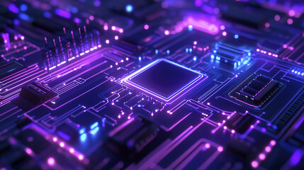 Obraz premium Blue and purple technology circuit board with glowing elements