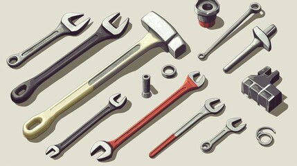 Naklejka premium Collection of assorted tools including wrenches, a hammer, and various fasteners arranged neatly on a surface