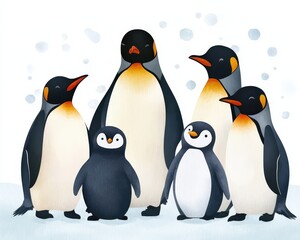 Fototapeta premium A group of penguins huddled together in a snowy Antarctic setting.