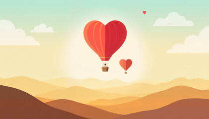 Heart-shaped hot air balloons over scenic sunset hills.
