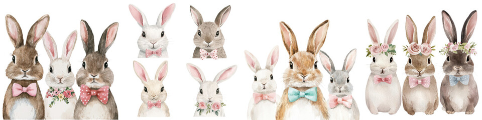 Obraz premium Cute Bunnies with Floral Bouquets and Wreath