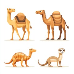 Naklejka premium Four Colorful Cartoon Animals Featuring Camels and a Meerkat Displaying Unique Characteristics and Distinctive Designs Ideal for Children's Illustrations and Educational Materials