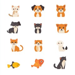 Fototapeta premium Colorful Collection of Cute Cartoon Pets Including Cats, Dogs, Fish, and More on a Clean White Background Perfect for Children's Products and Pet Care Themes