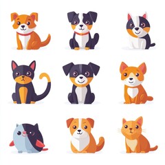 Fototapeta premium Cute and Colorful Cartoon Pets Collection Featuring Adorable Dogs and Cats in Various Breeds and Expressions Perfect for Children's Products and Illustrations