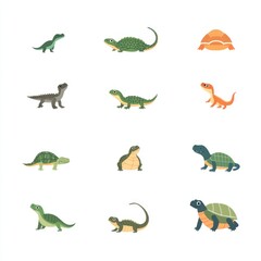 Fototapeta premium Colorful Cartoon Reptiles and Dinosaurs in a Grid Format Featuring Cute Turtles, Lizards, and Small Dinosaur Characters for Educational and Creative Use