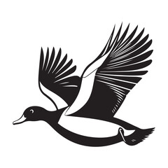 Flying duck silhouette isolated on white background, Minimal flying duck vector silhouette