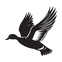 Flying duck silhouette isolated on white background, Minimal flying duck vector silhouette