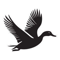 Flying duck silhouette isolated on white background, Minimal flying duck vector silhouette