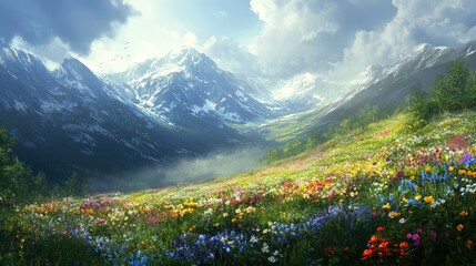 Fototapeta premium A vibrant valley filled with colorful flowers and majestic mountains under a cloudy sky.