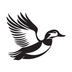 Flying duck silhouette isolated on white background, Minimal flying duck vector silhouette