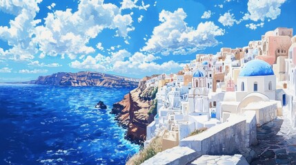 A painting of a blue and white village with a blue church and a blue ocean in the background
