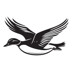 Flying duck silhouette isolated on white background, Minimal flying duck vector silhouette