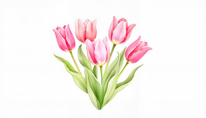Naklejka premium Pink tulips with green leaves on white background.