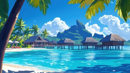 A stunning beach lined with palm trees and a mountain in the background. The beach is calm and peaceful, with a clear blue ocean. The houses are small and made of wood, giving the scene a tropical.